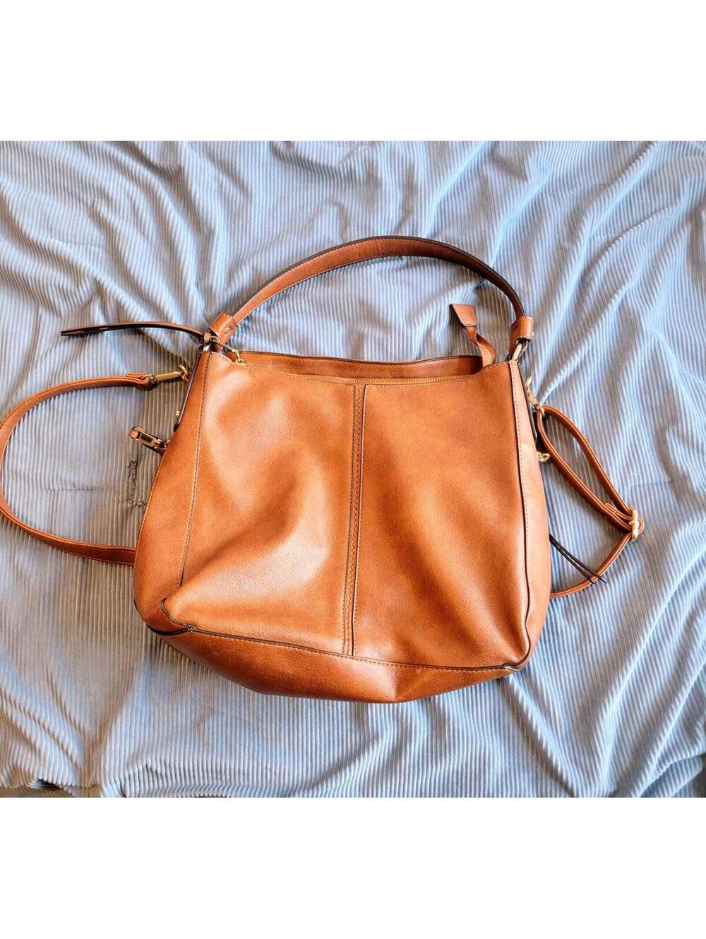 Brown Faux Leather Shoulder Bag with Multiple Compartments